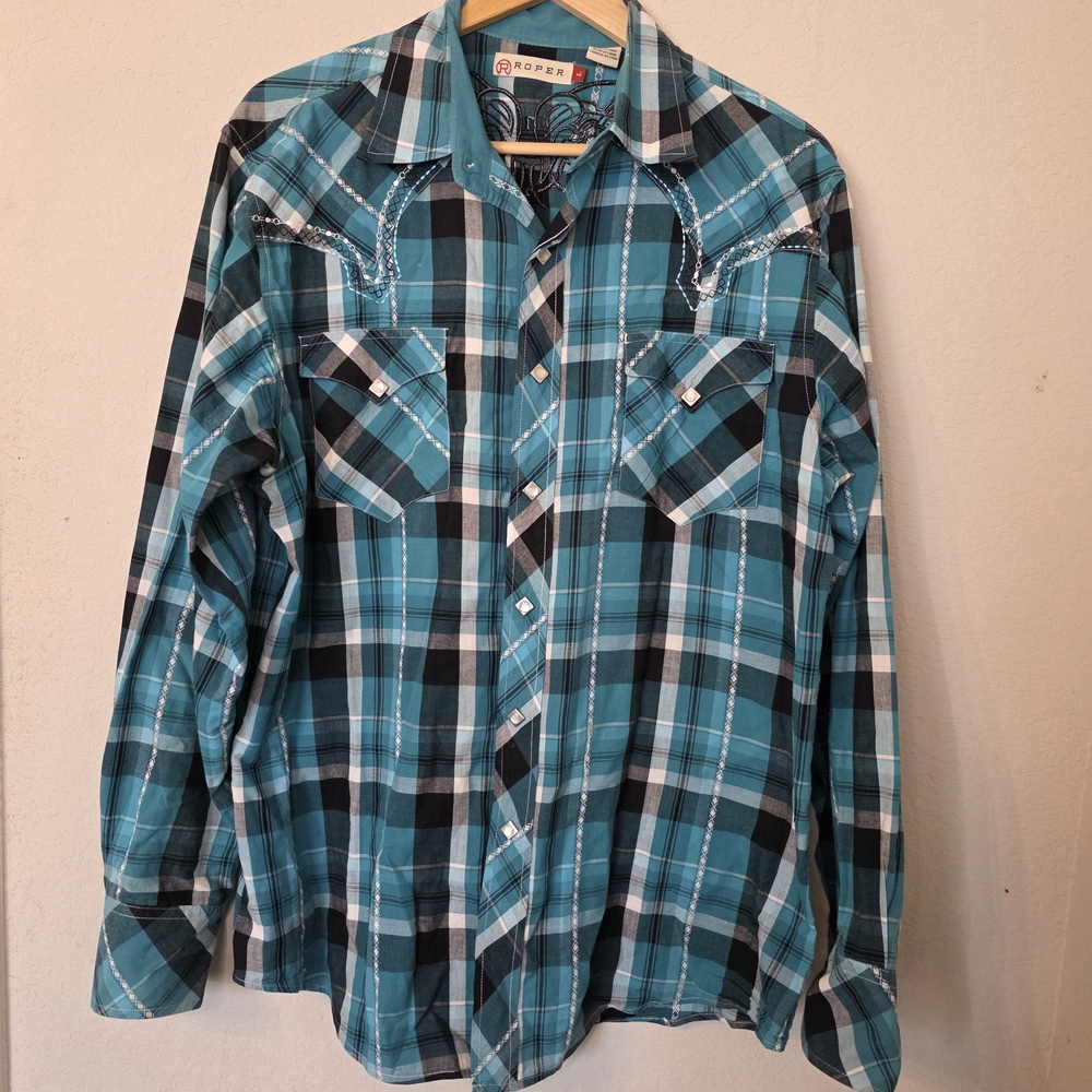 Roper Men's Teal and Black Plaid Button Down Shirt